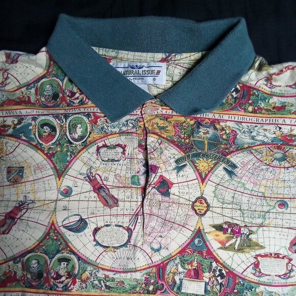 Vintage Natural Issue World Map Geography Golf Company Polo Shirt - Picture 1 of 6